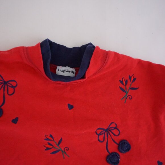 BonWorth Red Cherry Bow Heart Print Cotton Blend Sweatshirt Grandmacore L - Picture 4 of 10